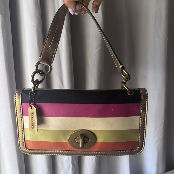 Coach Handbags - Vtg Coach Multicolor Stripped Satin Bronze Limited Edition Turnlock Handbag